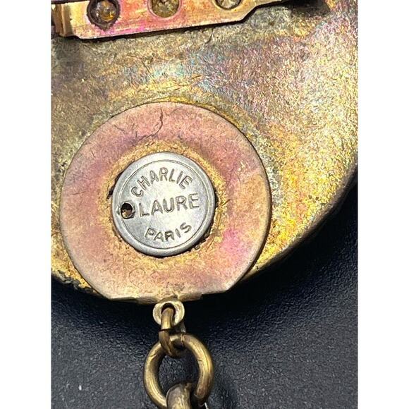 CHARLIE LAURE PARIS Vintage 4” Brass Articulated Dangle Repousse Orange Brooch - Picture 12 of 15